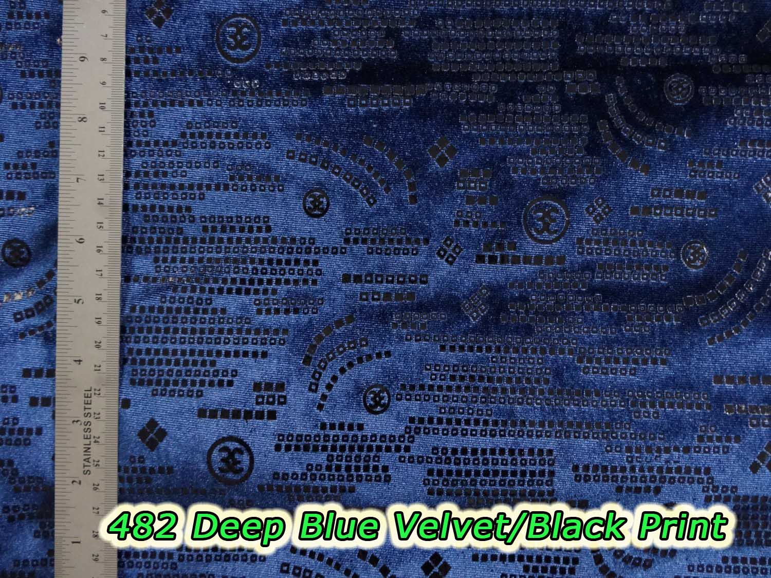 482 Deep Blue Velvet with Black Print